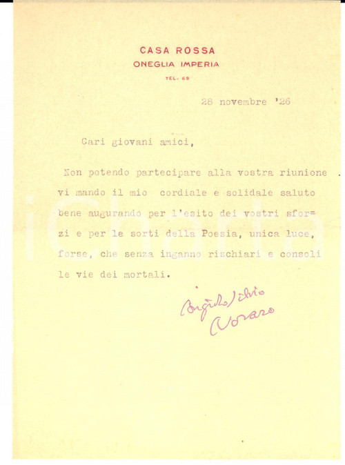 1926 IMPERIA ONEGLIA Angiolo Silvio NOVARA e la poesia unica luce - AUTOGRAFO 1926 IMPERIA ONEGLIA Angiolo Silvio NOVARA e la poesia unica luce - AUTOGRAFO